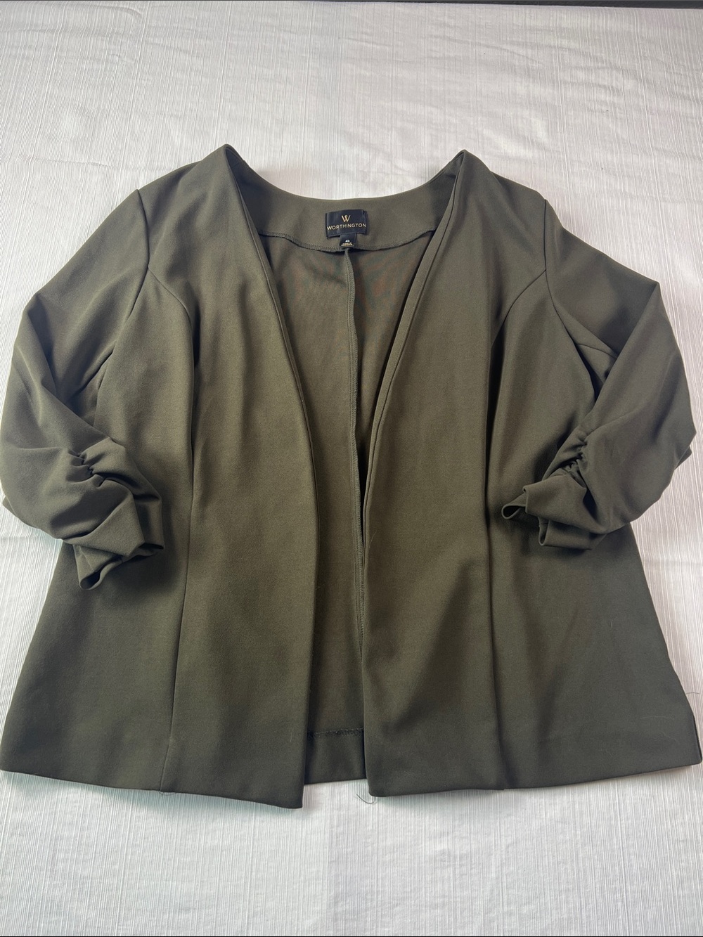 Worthington Olive Green Three-Quarter Sleeve Open-Front Blazer
